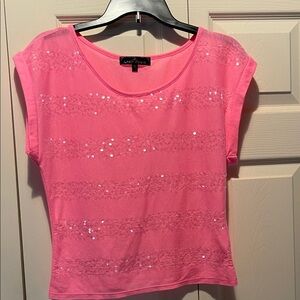 Almost Famous Hot Pink Short Sleeve Sequin Stripe Top